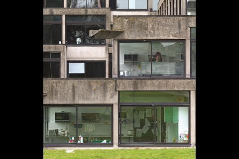 Detail of one of the stepped residential ziggurats.